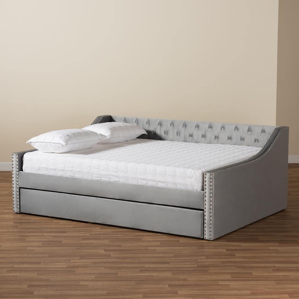 Raphael Modern and Contemporary Grey Velvet Fabric Upholstered Queen Size Daybed with Trundle FredCo