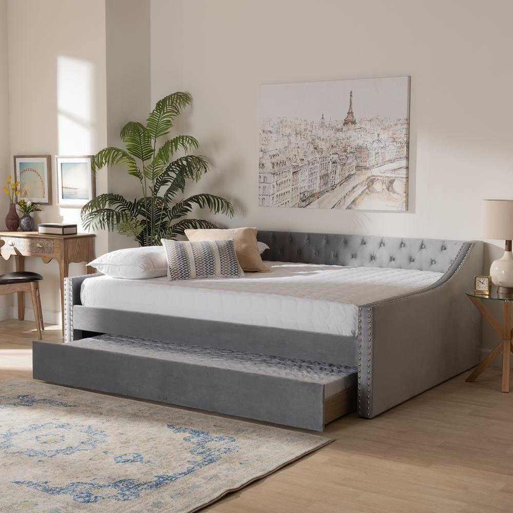 Raphael Modern and Contemporary Grey Velvet Fabric Upholstered Queen Size Daybed with Trundle FredCo