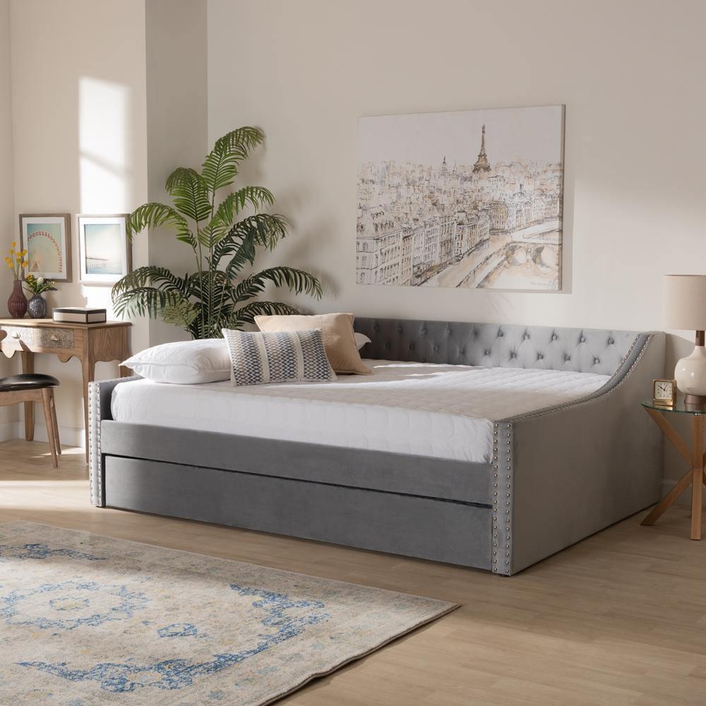 Raphael Modern and Contemporary Grey Velvet Fabric Upholstered Queen Size Daybed with Trundle FredCo
