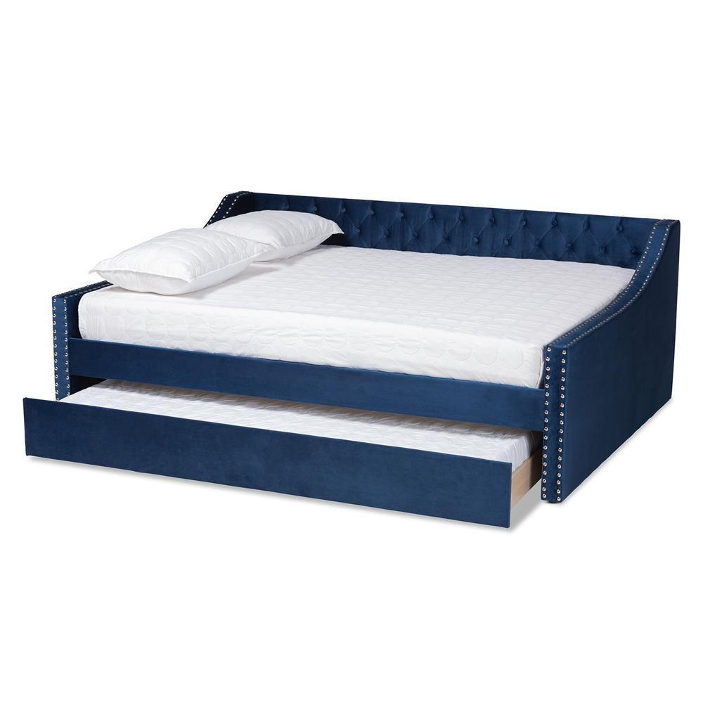 Raphael Modern and Contemporary Navy Blue Velvet Fabric Upholstered Full Size Daybed with Trundle FredCo