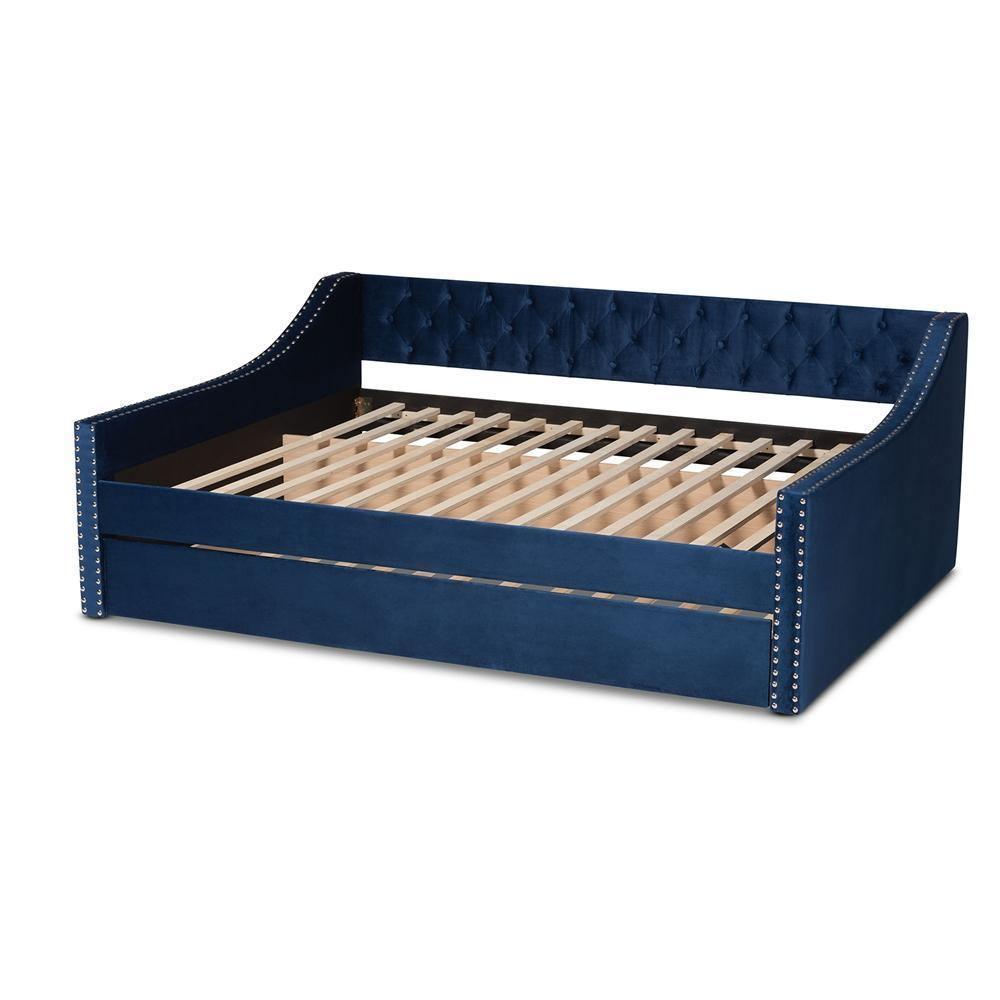 Raphael Modern and Contemporary Navy Blue Velvet Fabric Upholstered Full Size Daybed with Trundle FredCo