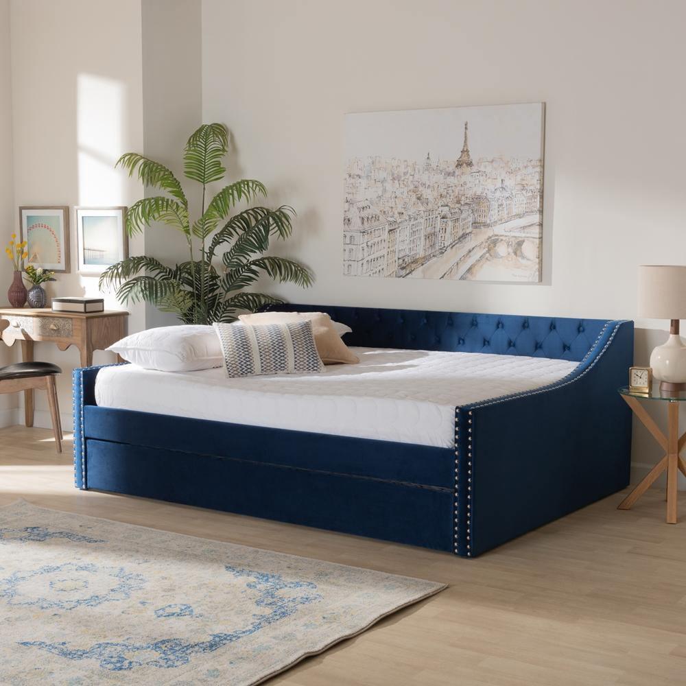 Raphael Modern and Contemporary Navy Blue Velvet Fabric Upholstered Full Size Daybed with Trundle FredCo