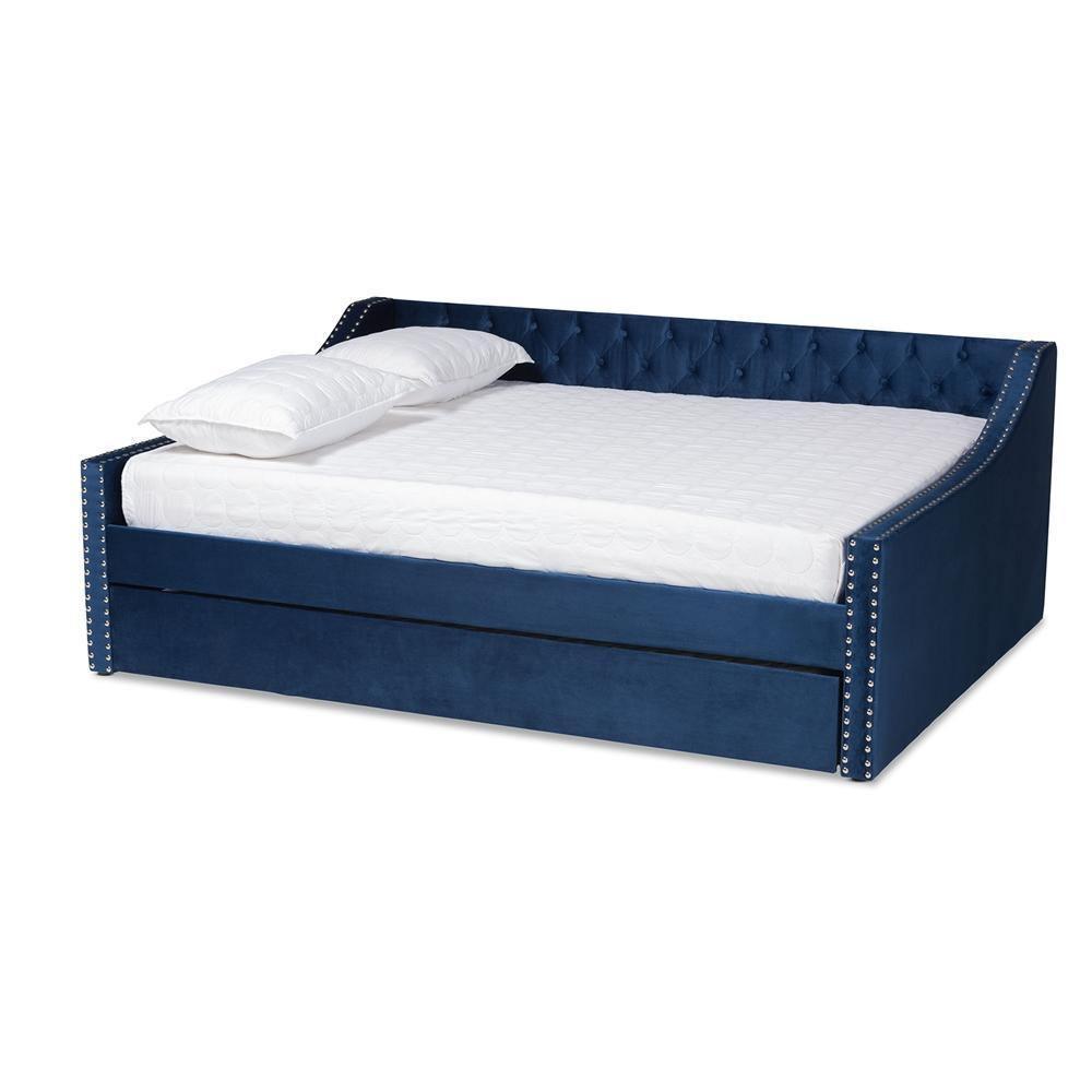Raphael Modern and Contemporary Navy Blue Velvet Fabric Upholstered Full Size Daybed with Trundle FredCo
