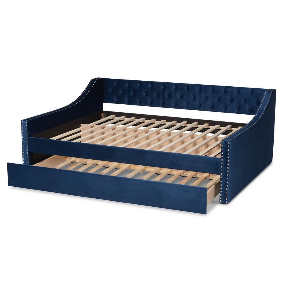 Raphael Modern and Contemporary Navy Blue Velvet Fabric Upholstered Full Size Daybed with Trundle FredCo