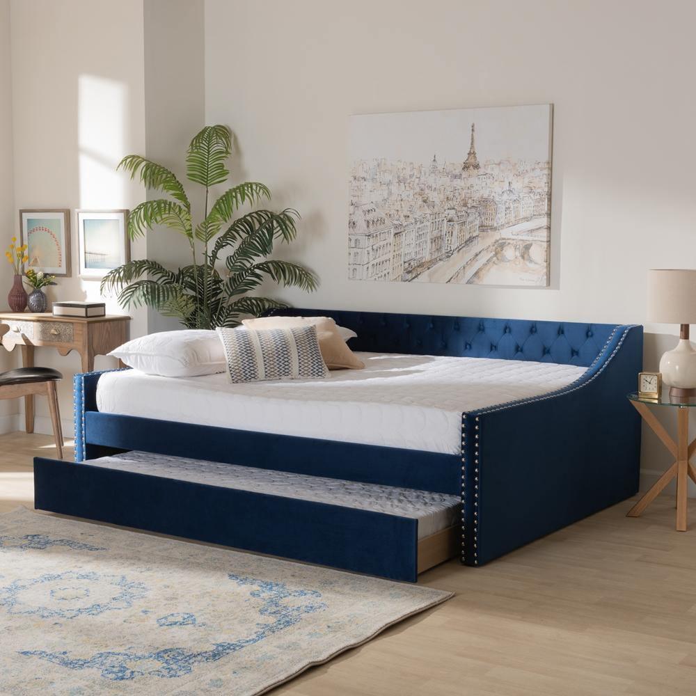 Raphael Modern and Contemporary Navy Blue Velvet Fabric Upholstered Queen Size Daybed with Trundle FredCo