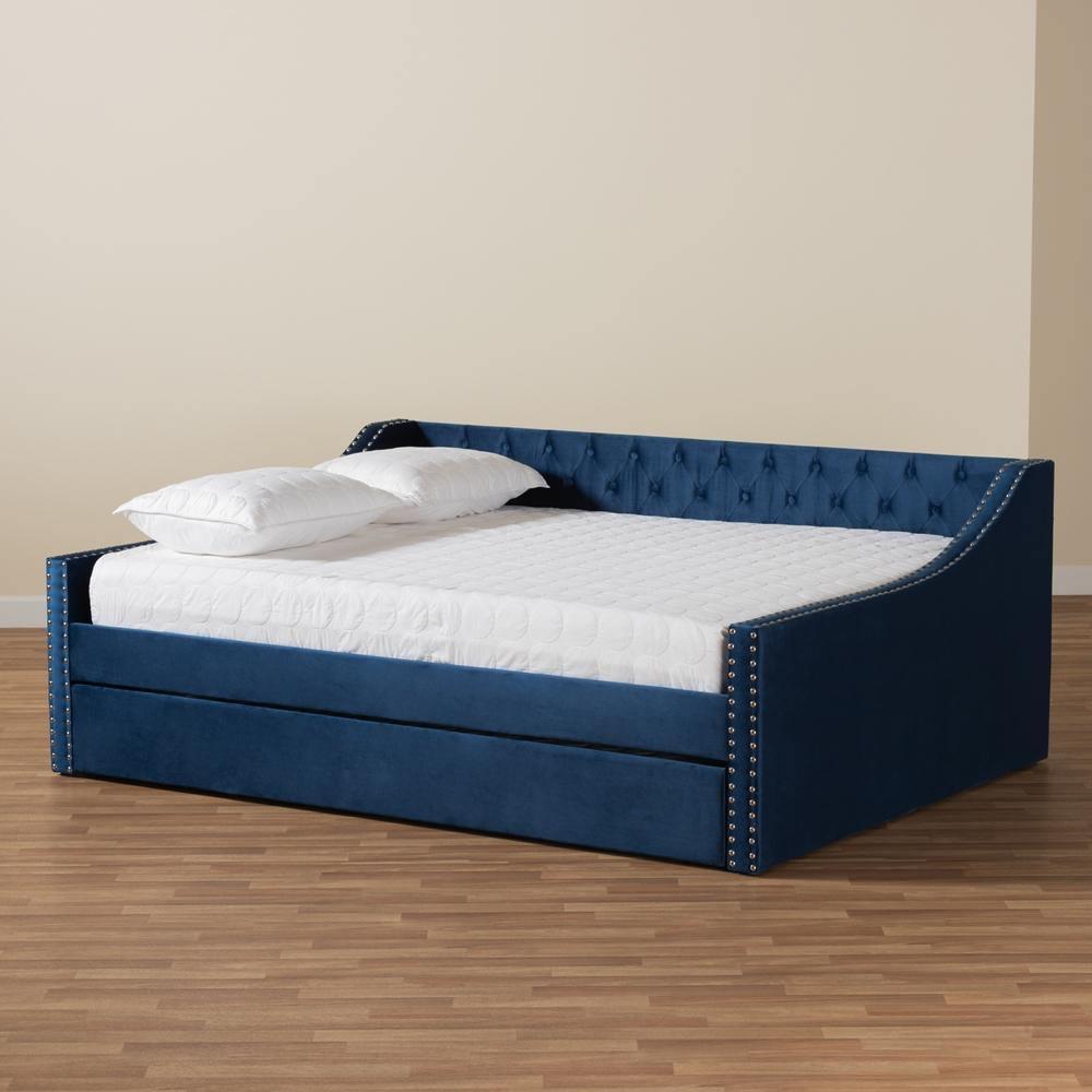 Raphael Modern and Contemporary Navy Blue Velvet Fabric Upholstered Queen Size Daybed with Trundle FredCo