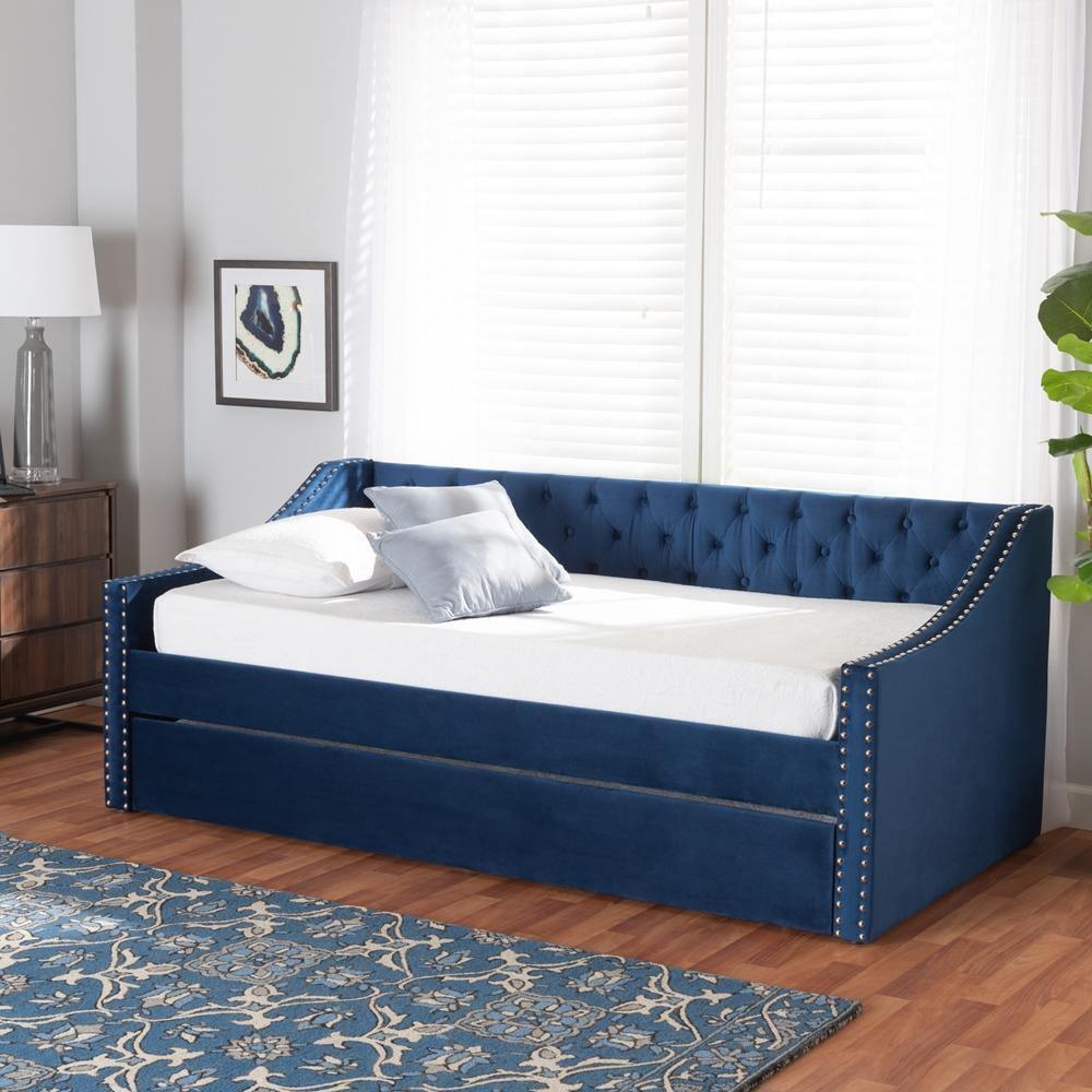 Raphael Modern and Contemporary Navy Blue Velvet Fabric Upholstered Twin Size Daybed with Trundle FredCo