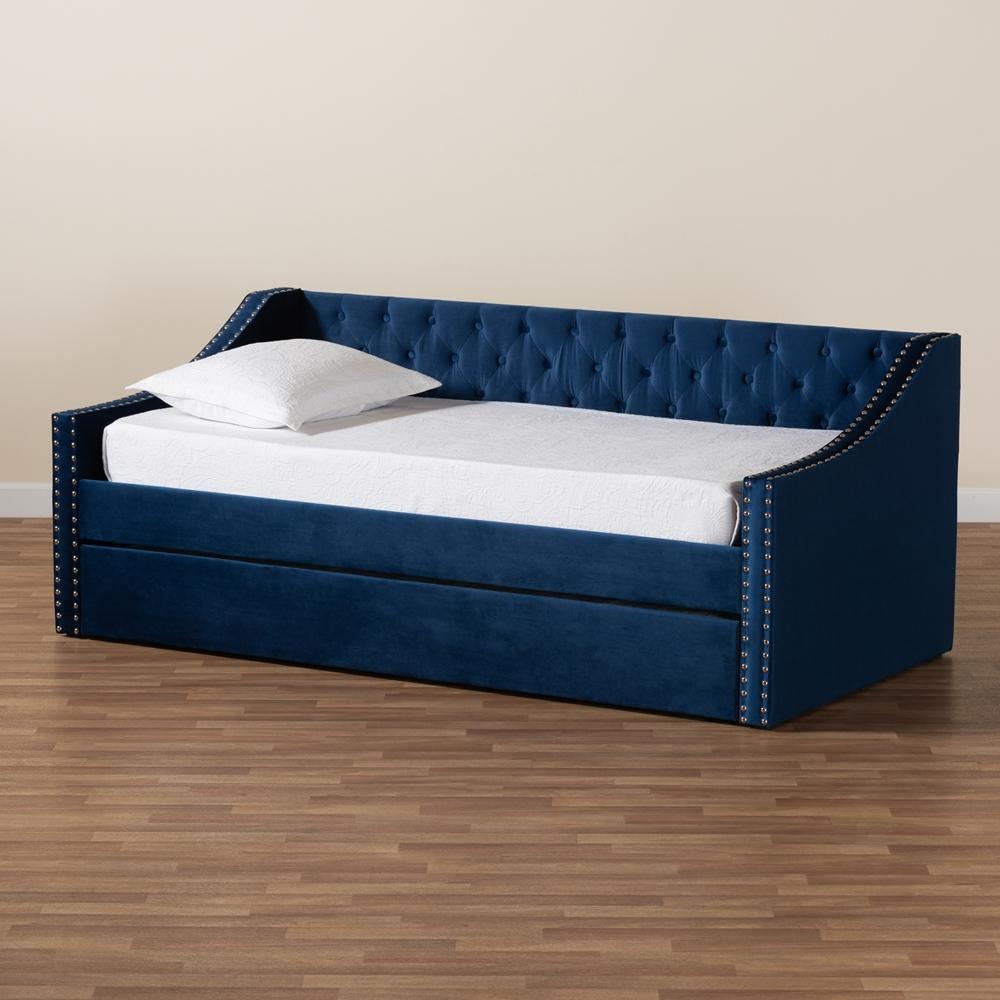 Raphael Modern and Contemporary Navy Blue Velvet Fabric Upholstered Twin Size Daybed with Trundle FredCo