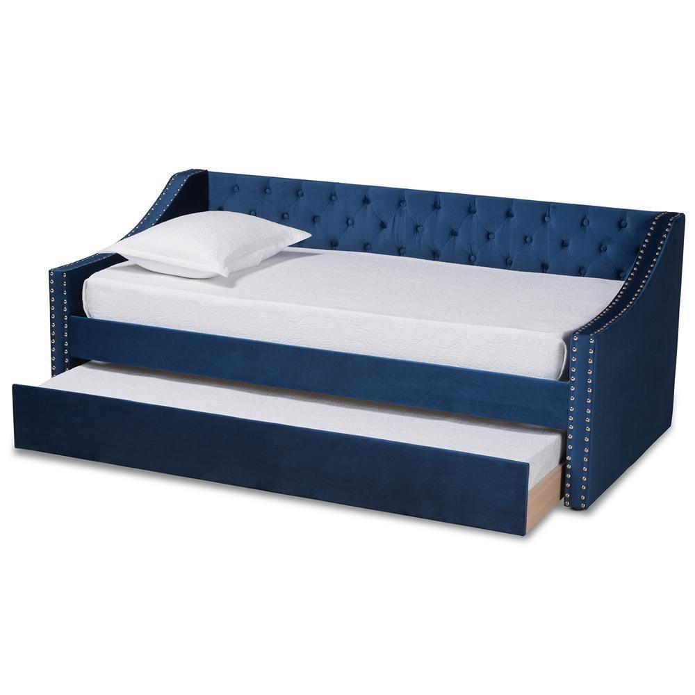 Raphael Modern and Contemporary Navy Blue Velvet Fabric Upholstered Twin Size Daybed with Trundle FredCo