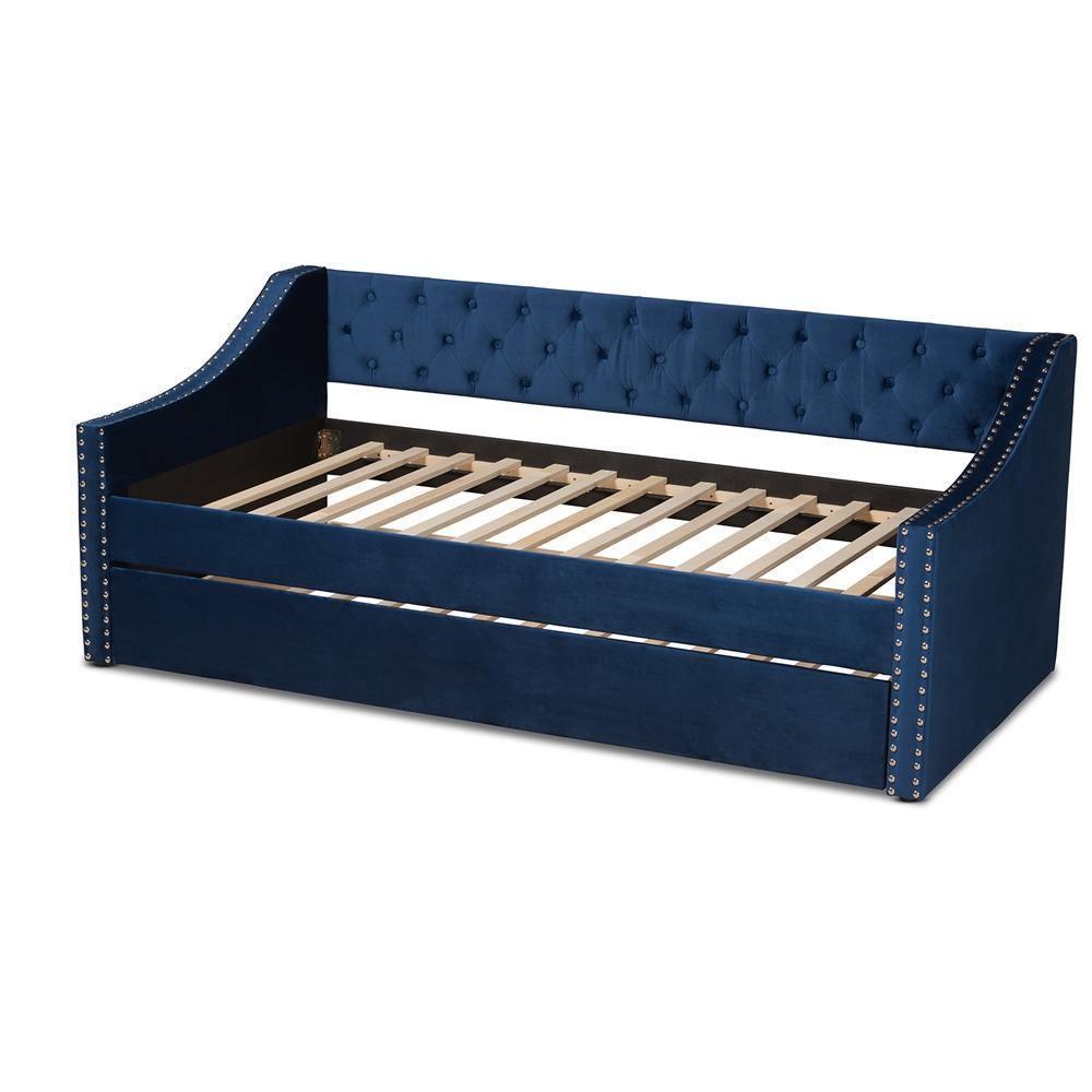 Raphael Modern and Contemporary Navy Blue Velvet Fabric Upholstered Twin Size Daybed with Trundle FredCo