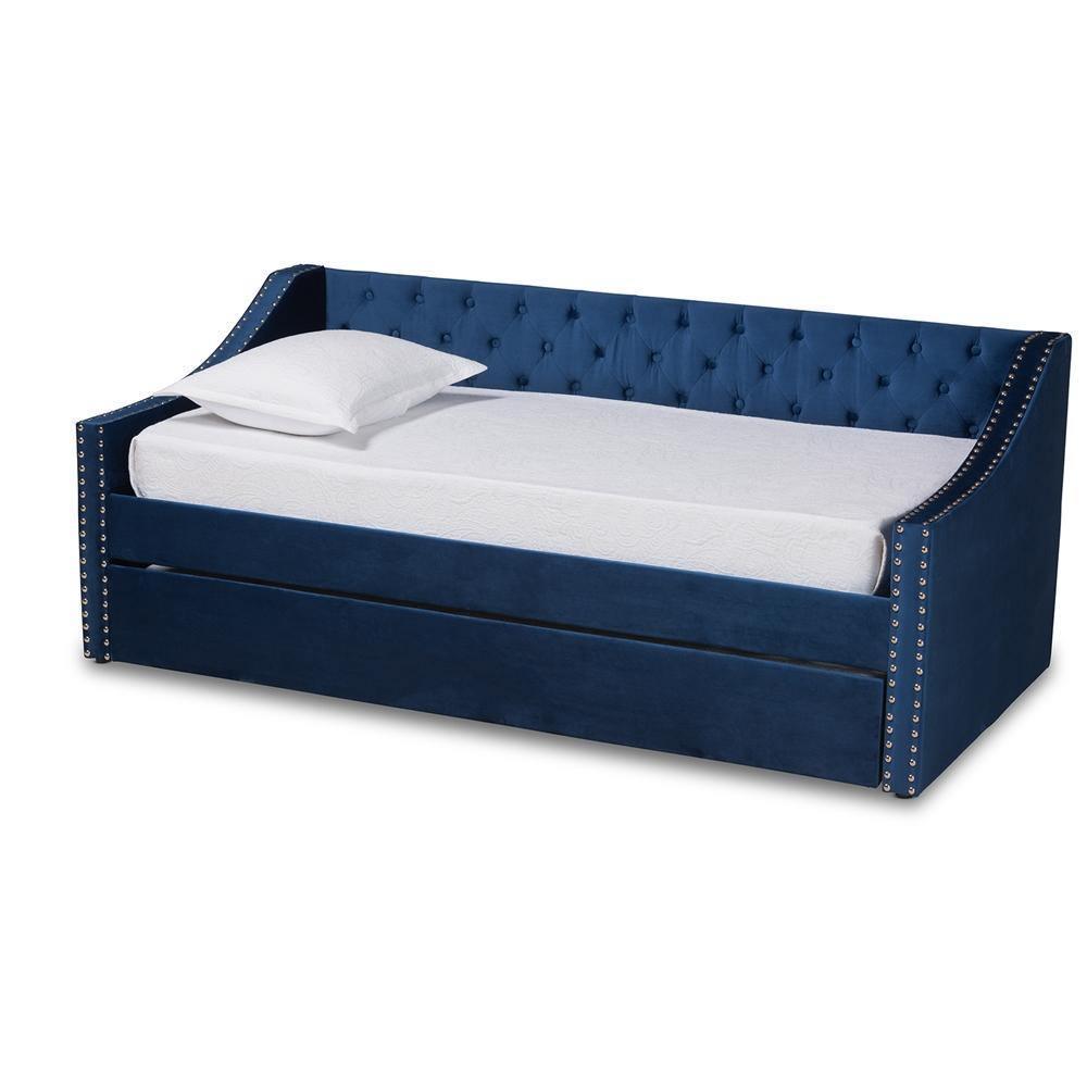 Raphael Modern and Contemporary Navy Blue Velvet Fabric Upholstered Twin Size Daybed with Trundle FredCo