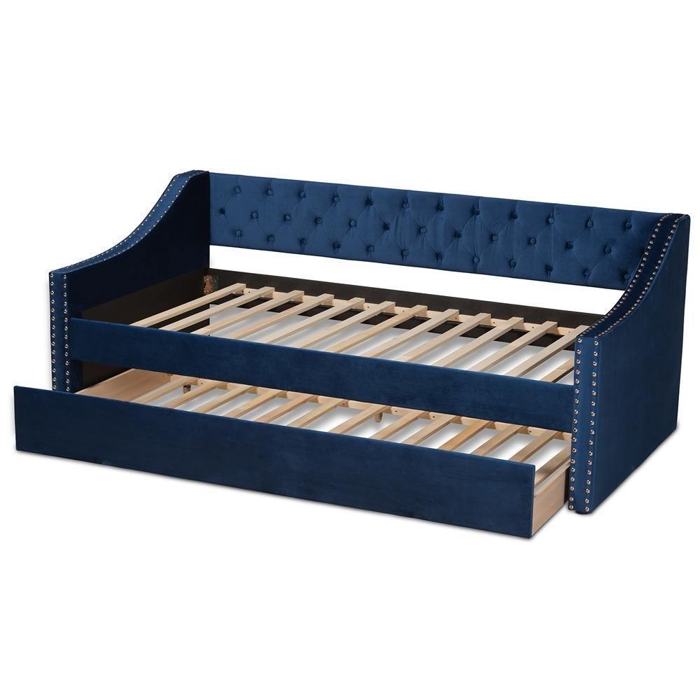 Raphael Modern and Contemporary Navy Blue Velvet Fabric Upholstered Twin Size Daybed with Trundle FredCo