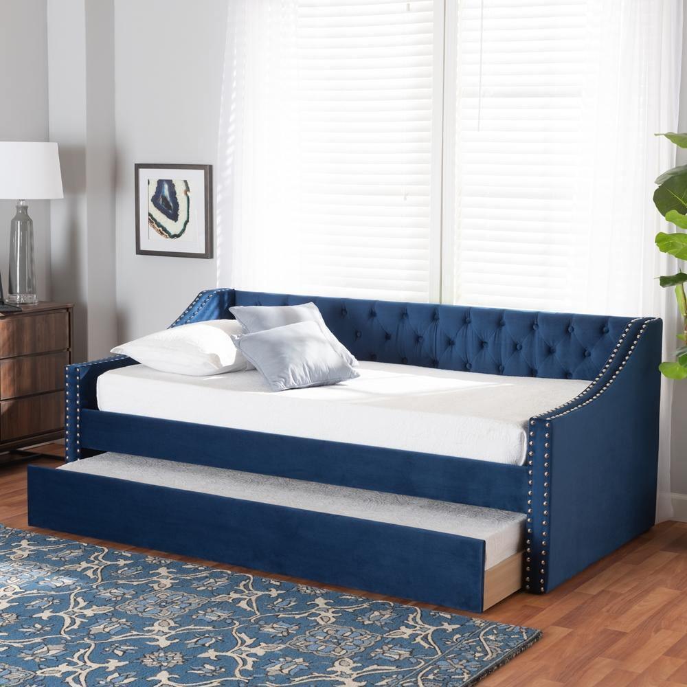 Raphael Modern and Contemporary Navy Blue Velvet Fabric Upholstered Twin Size Daybed with Trundle FredCo