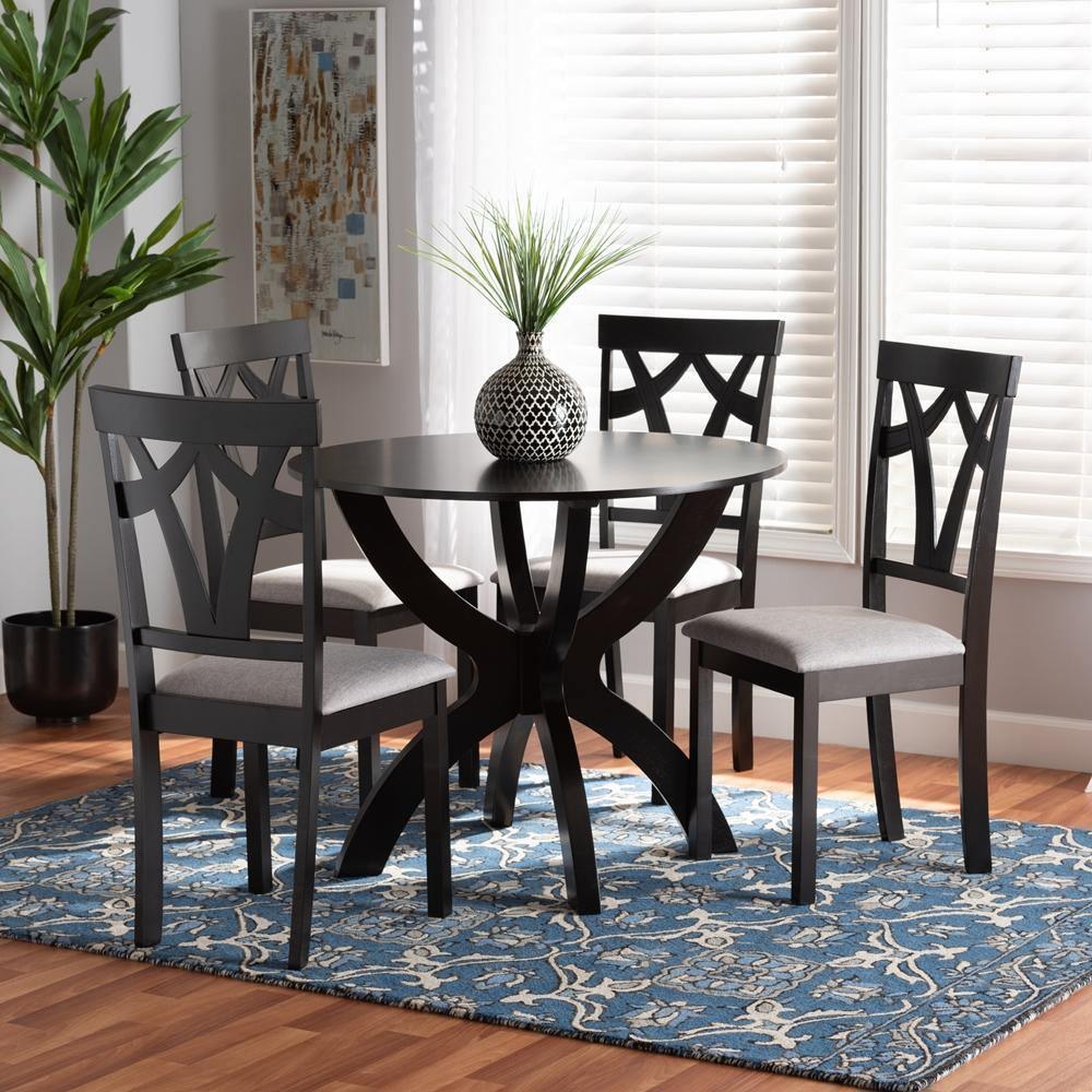Rasa Modern and Contemporary Grey Fabric Upholstered and Dark Brown Finished Wood 5-Piece Dining Set FredCo