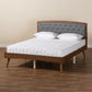 Ratana Mid-Century Modern Transitional Grey Fabric Upholstered and Walnut Brown Finished Wood Full Size Platform Bed FredCo