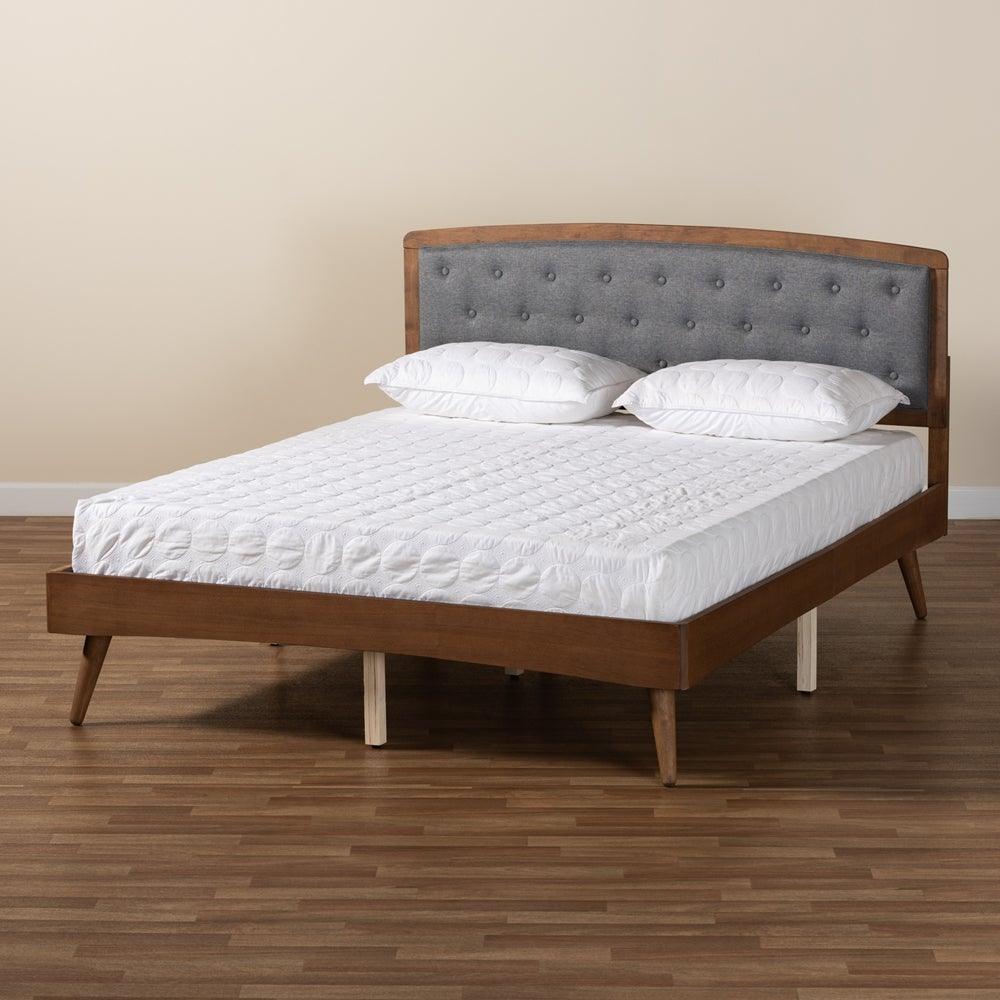 Ratana Mid-Century Modern Transitional Grey Fabric Upholstered and Walnut Brown Finished Wood King Size Platform Bed FredCo
