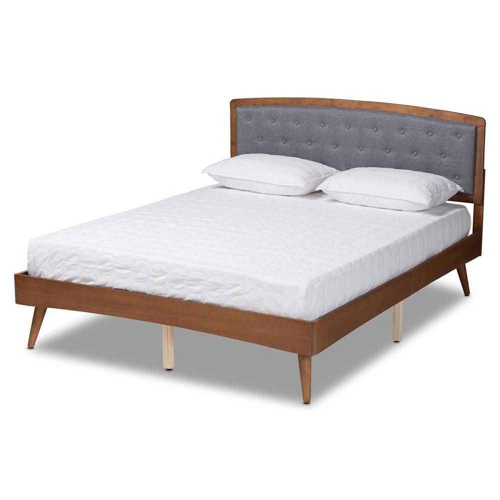 Ratana Mid-Century Modern Transitional Grey Fabric Upholstered and Walnut Brown Finished Wood King Size Platform Bed FredCo