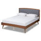 Ratana Mid-Century Modern Transitional Grey Fabric Upholstered and Walnut Brown Finished Wood King Size Platform Bed FredCo