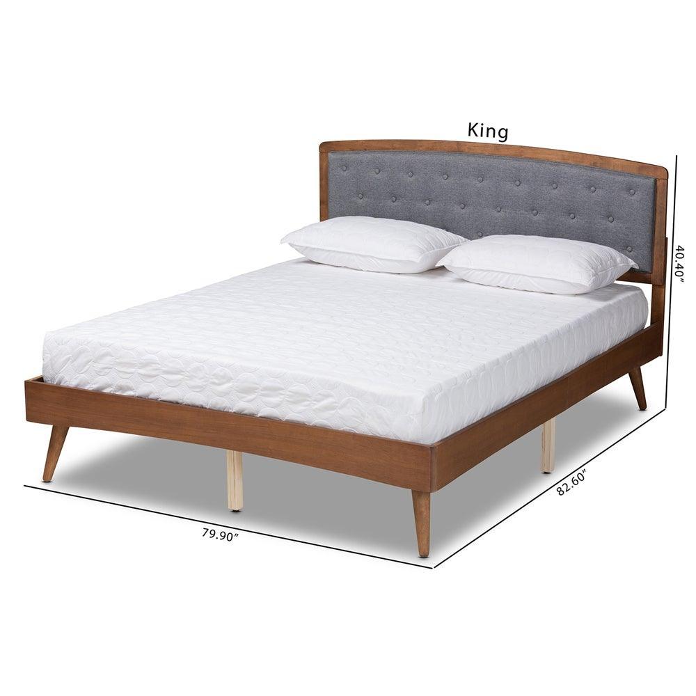 Ratana Mid-Century Modern Transitional Grey Fabric Upholstered and Walnut Brown Finished Wood King Size Platform Bed FredCo