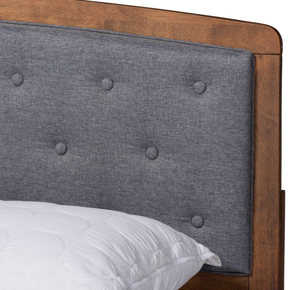Ratana Mid-Century Modern Transitional Grey Fabric Upholstered and Walnut Brown Finished Wood Queen Size Platform Bed FredCo