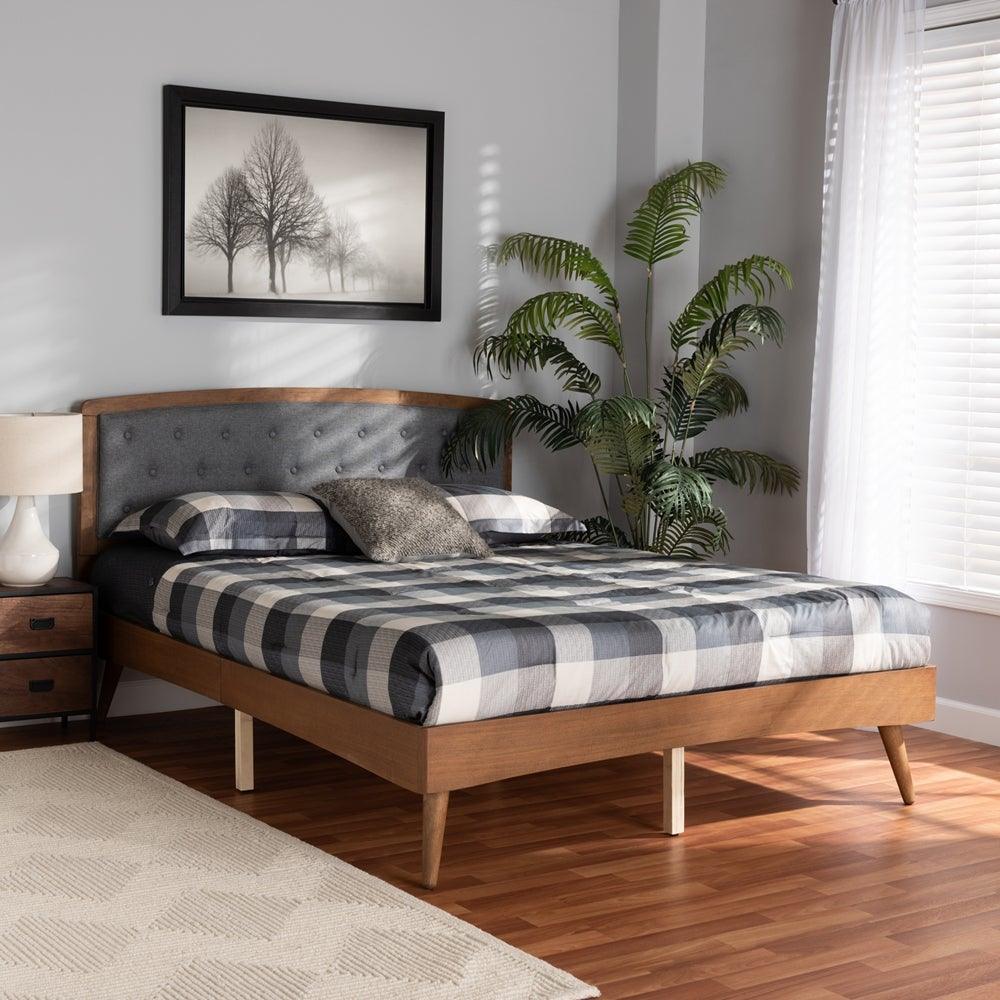 Ratana Mid-Century Modern Transitional Grey Fabric Upholstered and Walnut Brown Finished Wood Queen Size Platform Bed FredCo