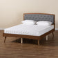 Ratana Mid-Century Modern Transitional Grey Fabric Upholstered and Walnut Brown Finished Wood Queen Size Platform Bed FredCo