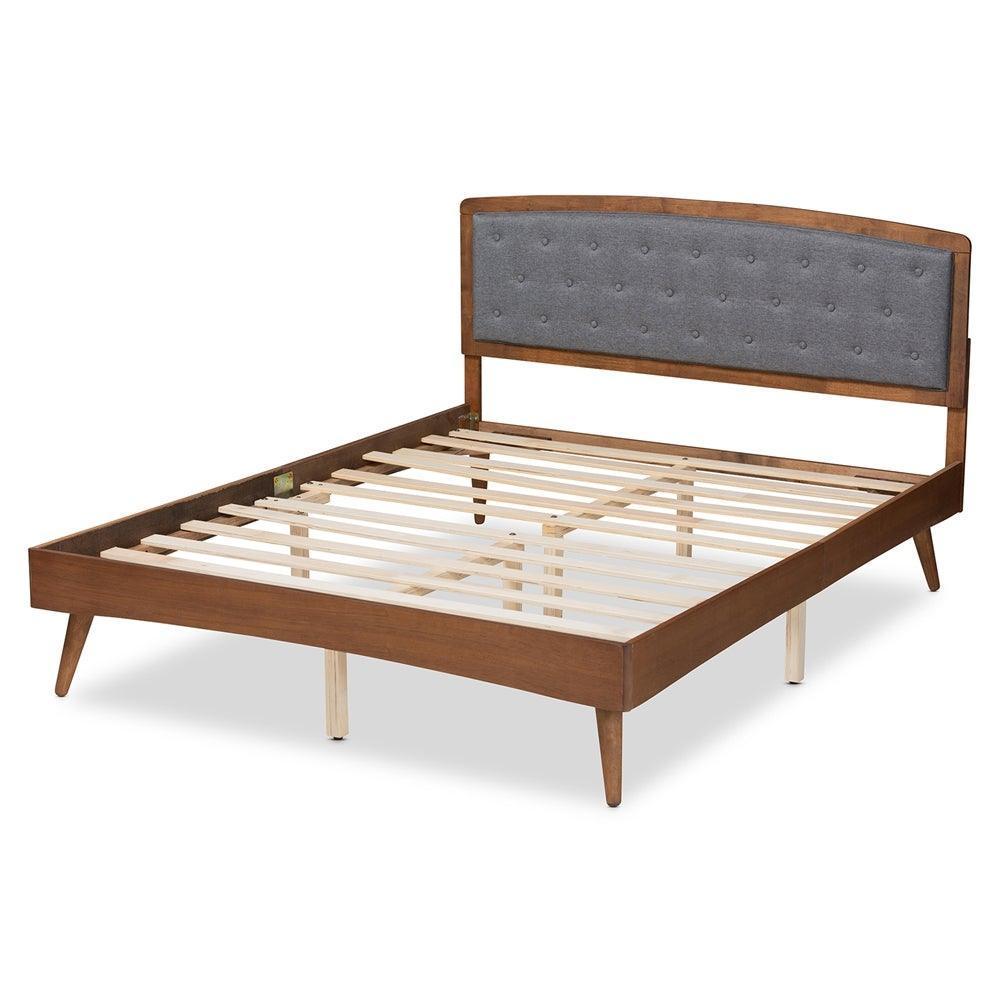 Ratana Mid-Century Modern Transitional Grey Fabric Upholstered and Walnut Brown Finished Wood Queen Size Platform Bed FredCo