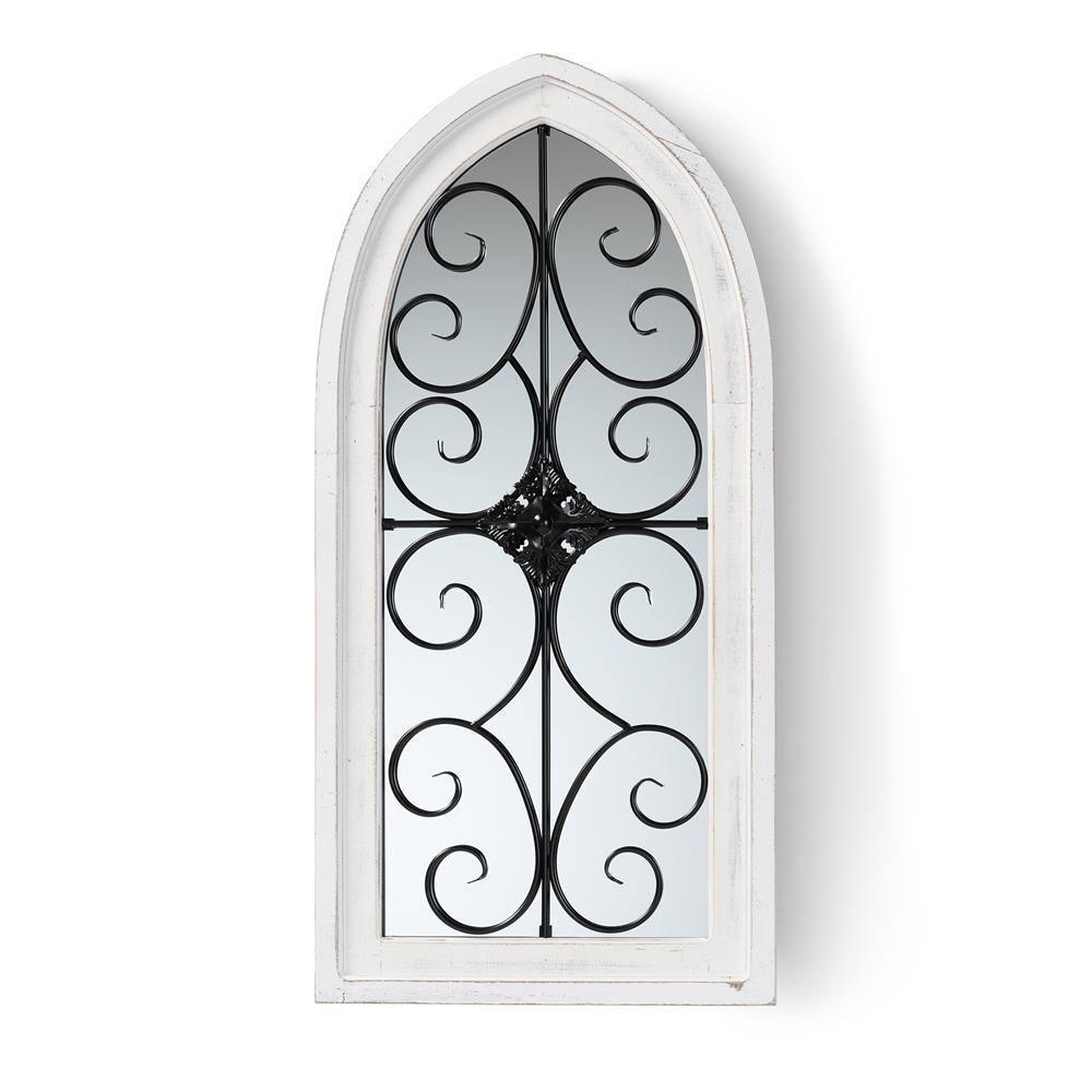 Raum Vintage Classic and Traditional Weathered White Finished Wood and Black Finished Metal Arched Accent Wall Mirror FredCo