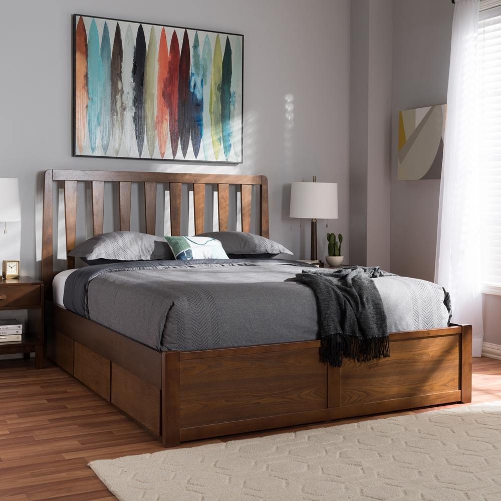 Raurey Modern and Contemporary Walnut Finished Queen Size Storage Platform Bed FredCo