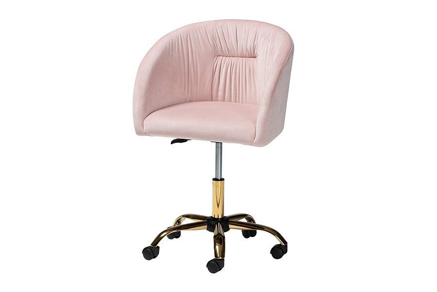 Ravenna Contemporary Glam and Luxe Blush Pink Velvet Fabric and Gold Metal Swivel Office Chair FredCo