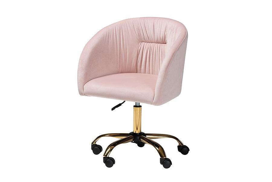Ravenna Contemporary Glam and Luxe Blush Pink Velvet Fabric and Gold Metal Swivel Office Chair FredCo