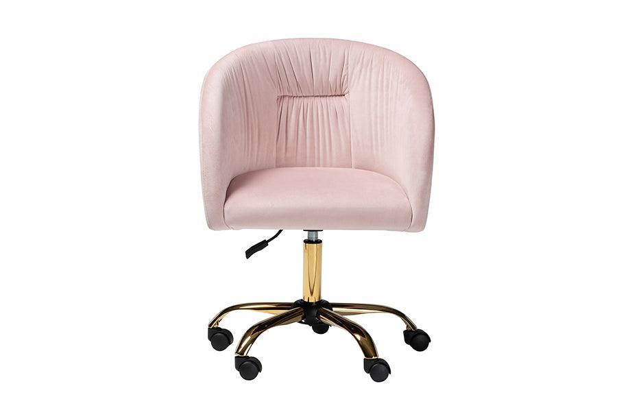 Ravenna Contemporary Glam and Luxe Blush Pink Velvet Fabric and Gold Metal Swivel Office Chair FredCo