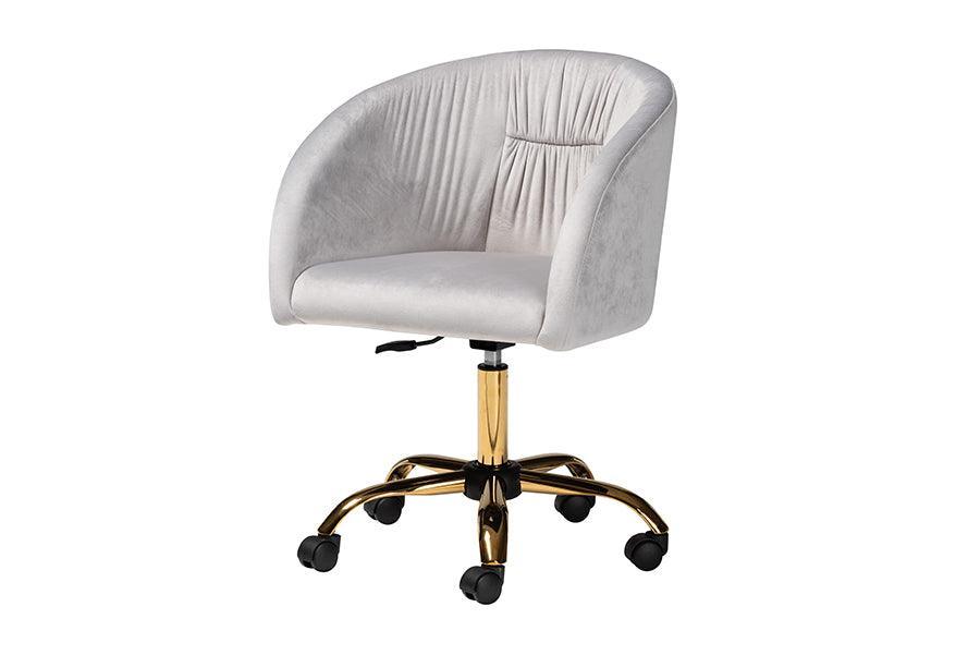 Ravenna Contemporary Glam and Luxe Grey Velvet Fabric and Gold Metal Swivel Office Chair FredCo