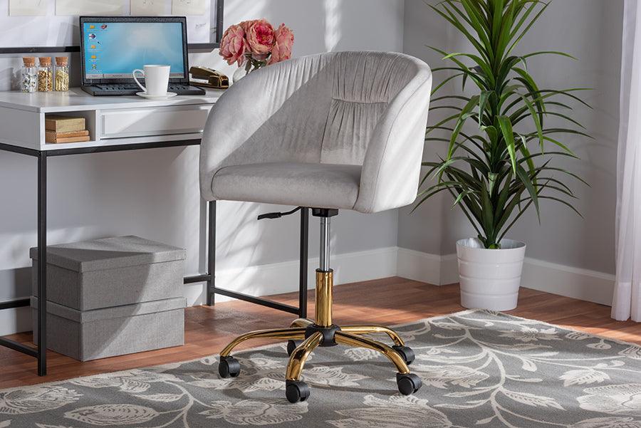 Ravenna Contemporary Glam and Luxe Grey Velvet Fabric and Gold Metal Swivel Office Chair FredCo