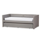 Raymond Modern and Contemporary Grey Fabric Nail Heads Trimmed Sofa Twin Daybed with Roll-Out Trundle Guest Bed FredCo
