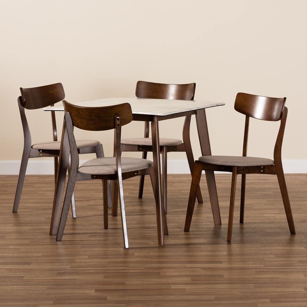 Reba Mid-Century Modern Light Beige Fabric Upholstered and Walnut Brown Finished Wood 5-Piece Dining Set with Faux Marble Dining Table FredCo