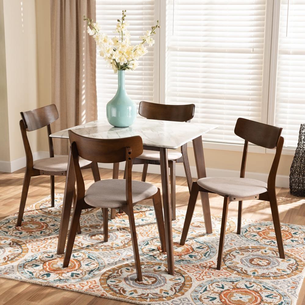 Reba Mid-Century Modern Light Beige Fabric Upholstered and Walnut Brown Finished Wood 5-Piece Dining Set with Faux Marble Dining Table FredCo