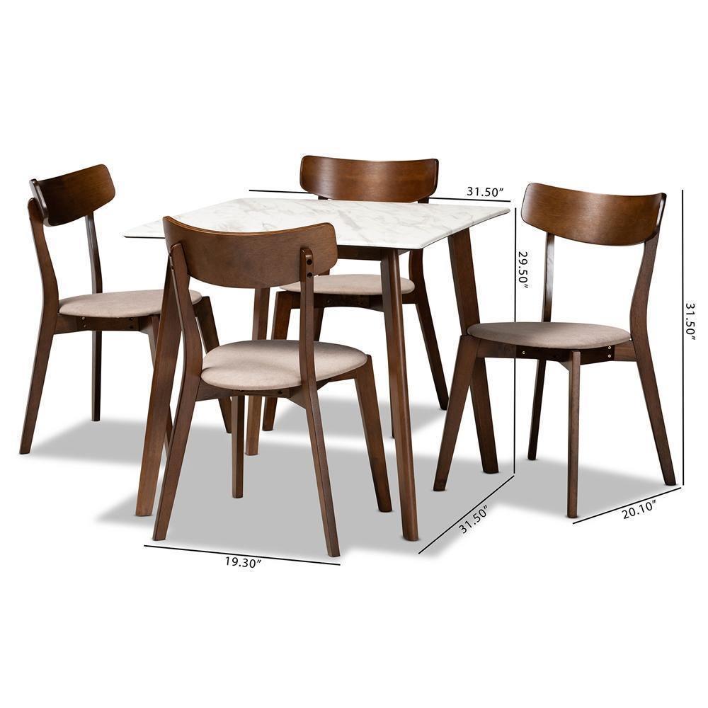 Reba Mid-Century Modern Light Beige Fabric Upholstered and Walnut Brown Finished Wood 5-Piece Dining Set with Faux Marble Dining Table FredCo