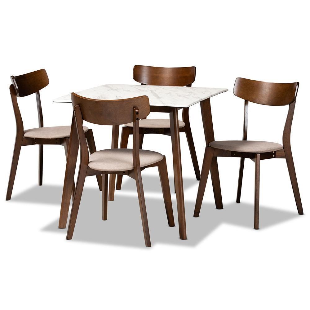 Reba Mid-Century Modern Light Beige Fabric Upholstered and Walnut Brown Finished Wood 5-Piece Dining Set with Faux Marble Dining Table FredCo