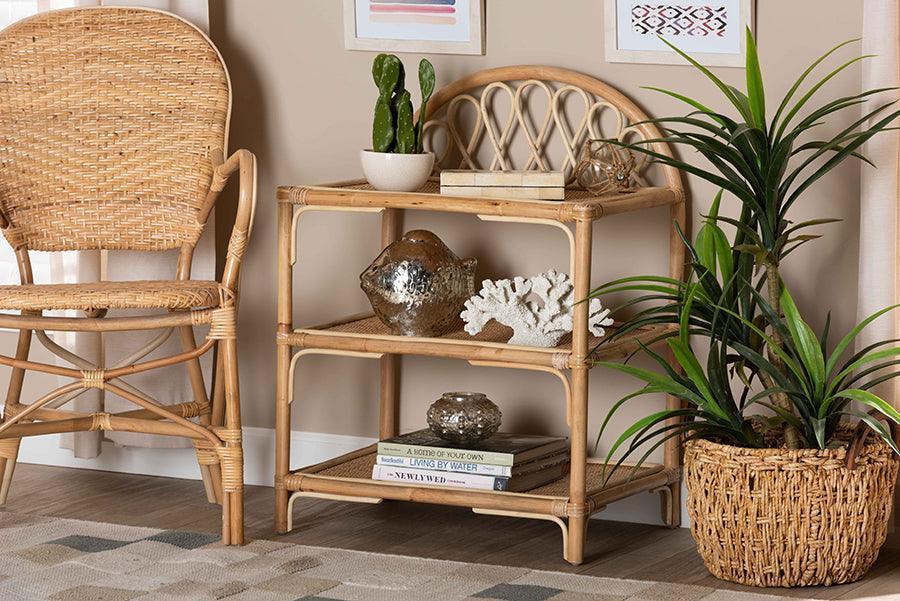 Redell Modern Bohemian Natural Brown Rattan 3-Tier Display Shelf FredCo
