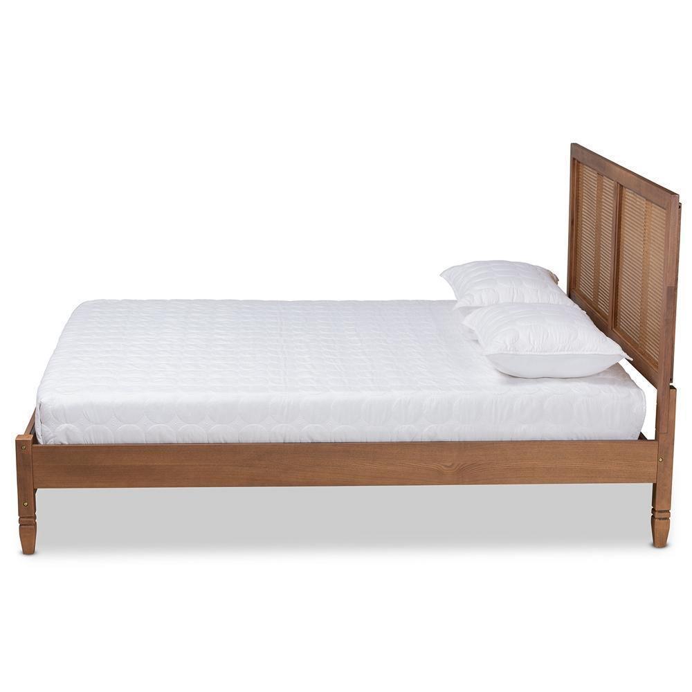 Redmond Mid-Century Modern Walnut Brown Finished Wood and Synthetic Rattan Full Size Platform Bed FredCo