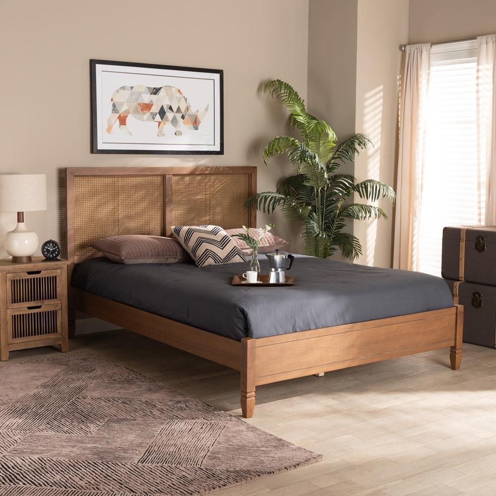 Redmond Mid-Century Modern Walnut Brown Finished Wood and Synthetic Rattan Queen Size Platform Bed FredCo