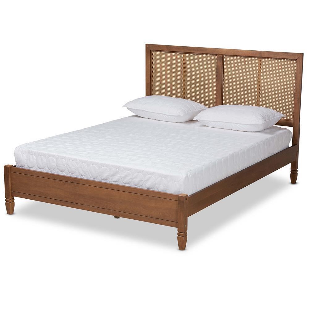 Redmond Mid-Century Modern Walnut Brown Finished Wood and Synthetic Rattan Queen Size Platform Bed FredCo