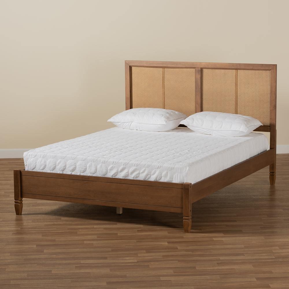Redmond Mid-Century Modern Walnut Brown Finished Wood and Synthetic Rattan Queen Size Platform Bed FredCo