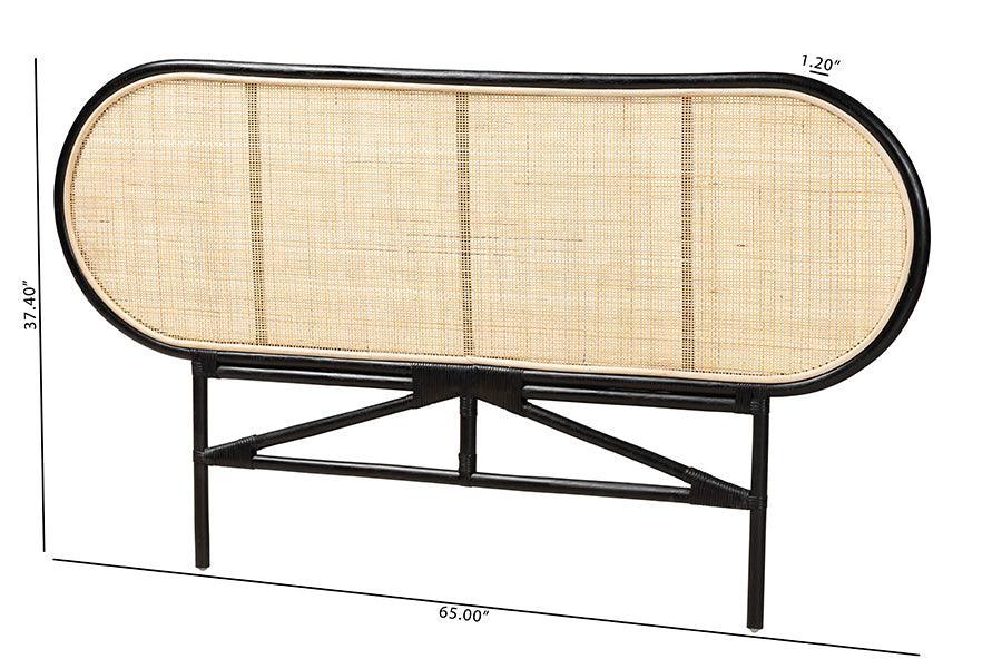Reegan Modern Bohemian Two-Tone Black and Natural Brown Rattan Queen Size Standalone Headboard FredCo