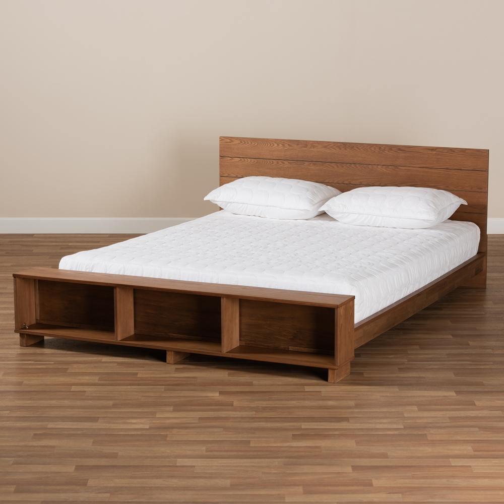 Regina Modern Rustic Ash Walnut Brown Finished Wood Full Size Platform Storage Bed with Built-In Shelves FredCo