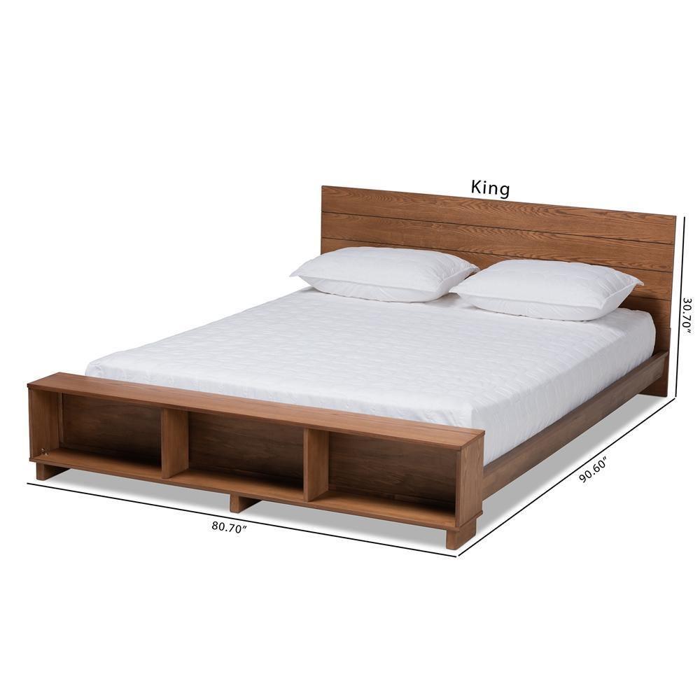 Regina Modern Rustic Ash Walnut Brown Finished Wood King Size Platform Storage Bed with Built-In Shelves FredCo