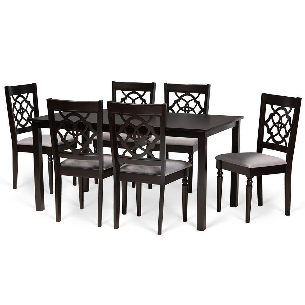 Renaud Modern and Contemporary Grey Fabric Upholstered and Dark Brown Finished Wood 7-Piece Dining Set FredCo