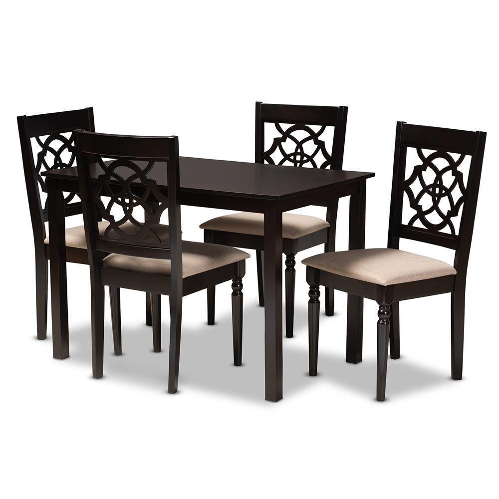 Renaud Modern and Contemporary Sand Fabric Upholstered Espresso Brown Finished 5-Piece Wood Dining Set FredCo