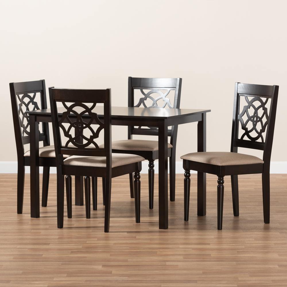 Renaud Modern and Contemporary Sand Fabric Upholstered Espresso Brown Finished 5-Piece Wood Dining Set FredCo